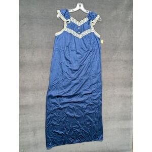 Vintage Long Nightgown Navy Blue with Lace Nylon Lingerie Nightie NOS Size Small